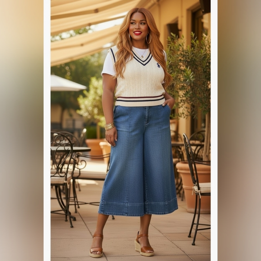 Mixit Denim Gaucho Culottes Wide Leg Cropped Jeans Medium Wash Plus Size 20W